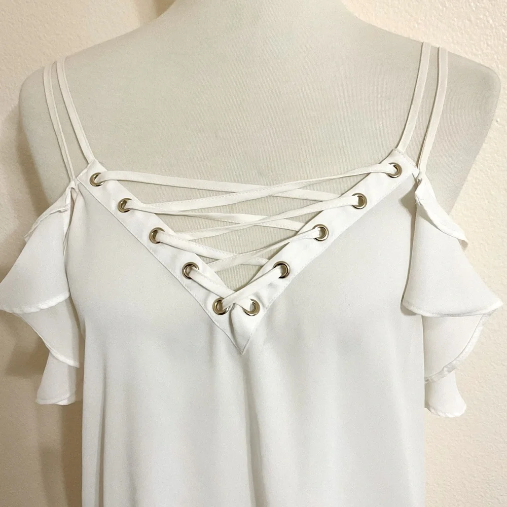 EXPRESS LACE UP RUFFLE CAMI Ivory M - Picture 9 of 10